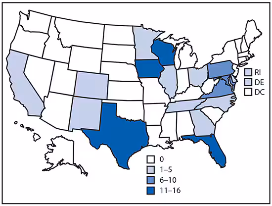 COVID-19 cases The figure is a map of the United States showing the number of confirmed COVID-19 cases (N = 101) linked to nine Nile River cruises held during February 11–March 5, 2020, by the patients’ 18 states of residence.