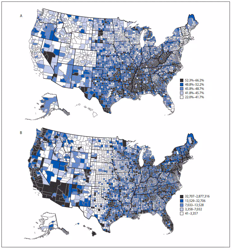 mm6929a1-F The figure is map showing model-based estimates of U.S. prevalence (A) and number (B) of adults aged ≥18 years with any selected underlying medical condition, by county, in the United States, in 2018.