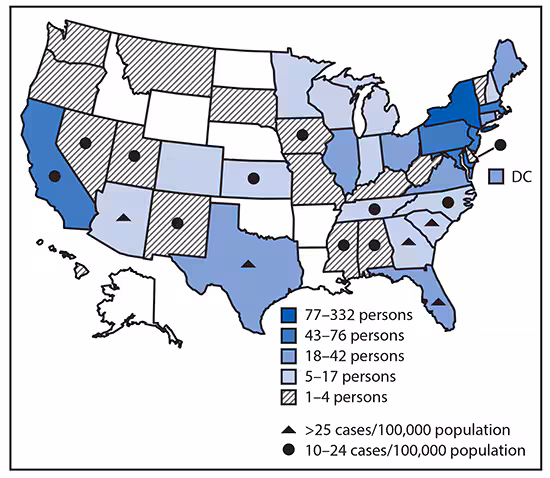SARS-CoV-2 infection The figure is a map of the United States showing camp population, by home state and by 7-day daily average rate of SARS-CoV-2 infection in home state as calculated on July 1, 2020, for four overnight camps, in Maine, during June–August 2020.