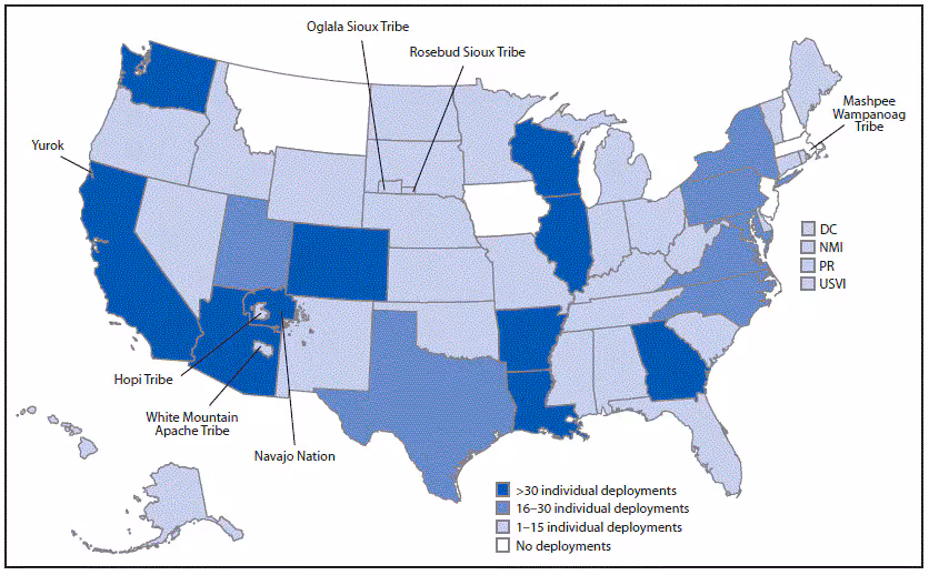 The figure is a map showing the location of deployments by CDC staff members to state, tribal, local, and territorial health departments, in the United States, during January 21–July 25, 2020.