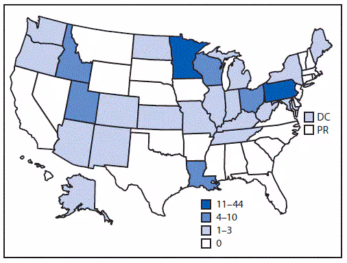 mm7009a2-F1 The figure is a map that shows the number of giardiasis outbreaks, by jurisdiction, across the United States, including the District of Columbia, and the U.S. territories, including Puerto Rico, 2012–2017.