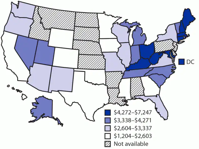 mm7015a1-F The figure is a map of the United States illustrating the per capita combined costs of opioid use disorder and fatal opioid overdose in the United States for 2017.