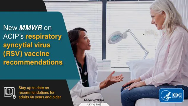 Use of Respiratory Syncytial Virus Vaccines in Older Adults: Recommendations of the Advisory Committee on Immunization Practices — United States, 2023 The figure is a photo of a health care provider talking to a patient with text that reads “New MMWR on ACIP’s respiratory syncytial virus (RSV) vaccine recommendations.”