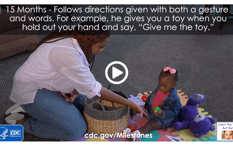 Follows directions given with both a gesture and words. For example, she gives you a toy when you hold out your hand and say, Give me the toy.