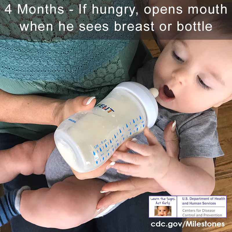If hungry, opens mouth when hhe sees breast or bottle