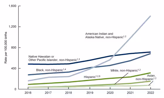 Figure 2 is a line chart showing maternal syphilis rate by race and Hispanic origin of mother for the United States for 2016–2022.
