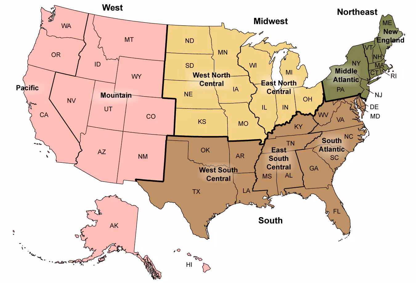 Figure is a map of the United States showing the U.S. Census Bureau’s four geographic regions (Northeast, Midwest, South, and West) and nine divisions (New England, Middle Atlantic, South Atlantic, East South Central, West South Central, East North Central, West North Central, Mountain, and Pacific).