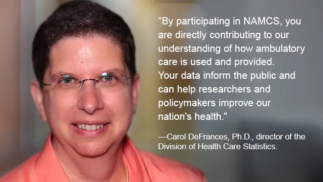 DeFrances NAMCS Encouragement Carol DeFrances, Ph.D., short dark hair, glasses, and a pink shirt in front of a blurred background.