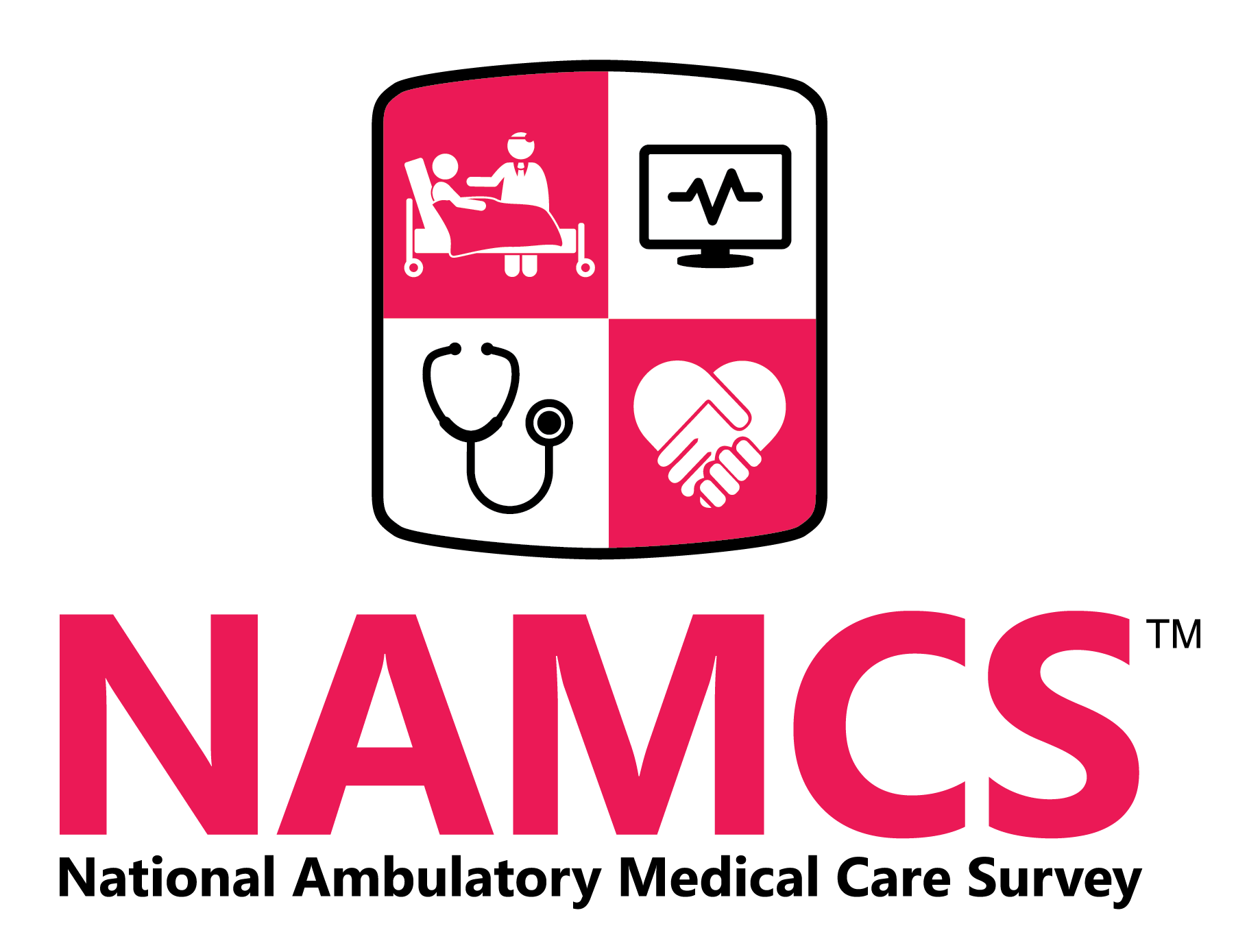 NAMCS logo The NAMCS logo gives the survey name and shows a shield with four health related icons.