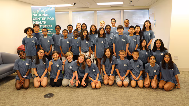 2024 Data Detectives Group Picture Group of students at NCHS headquarters for the 2024 Data Detectives Camp.