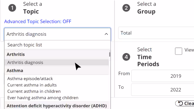 DQS Topic Dropdown Screenshot of the dropdown list for topic selection in the Data Query System.