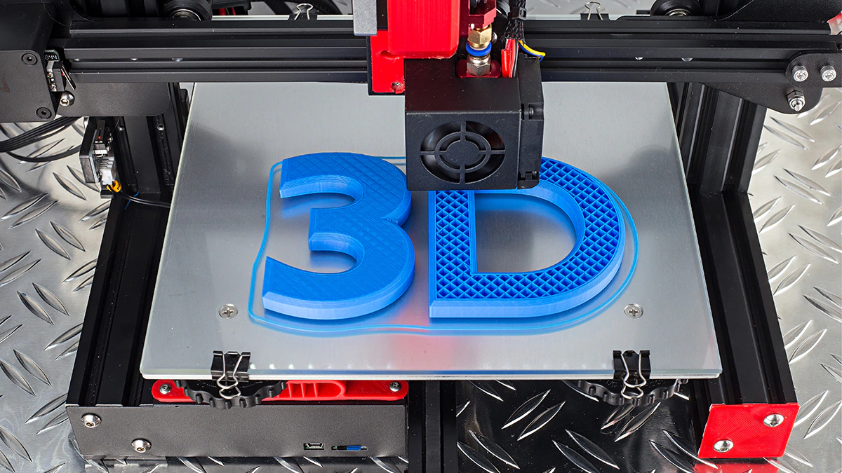 3D Printer Red Black 3D printer printing blue logo symbol on metal diamond plate future technology modern concept background