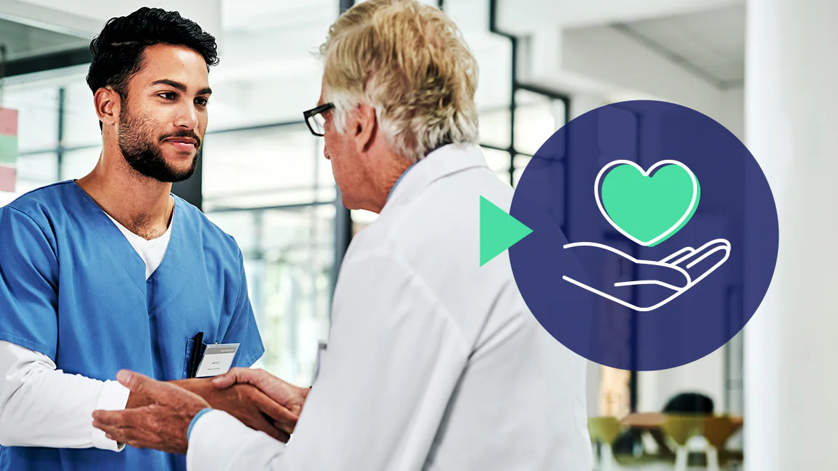 Action 3 Image 1 Doctor and nurse shake hands, with icon of open hand holding a heart.