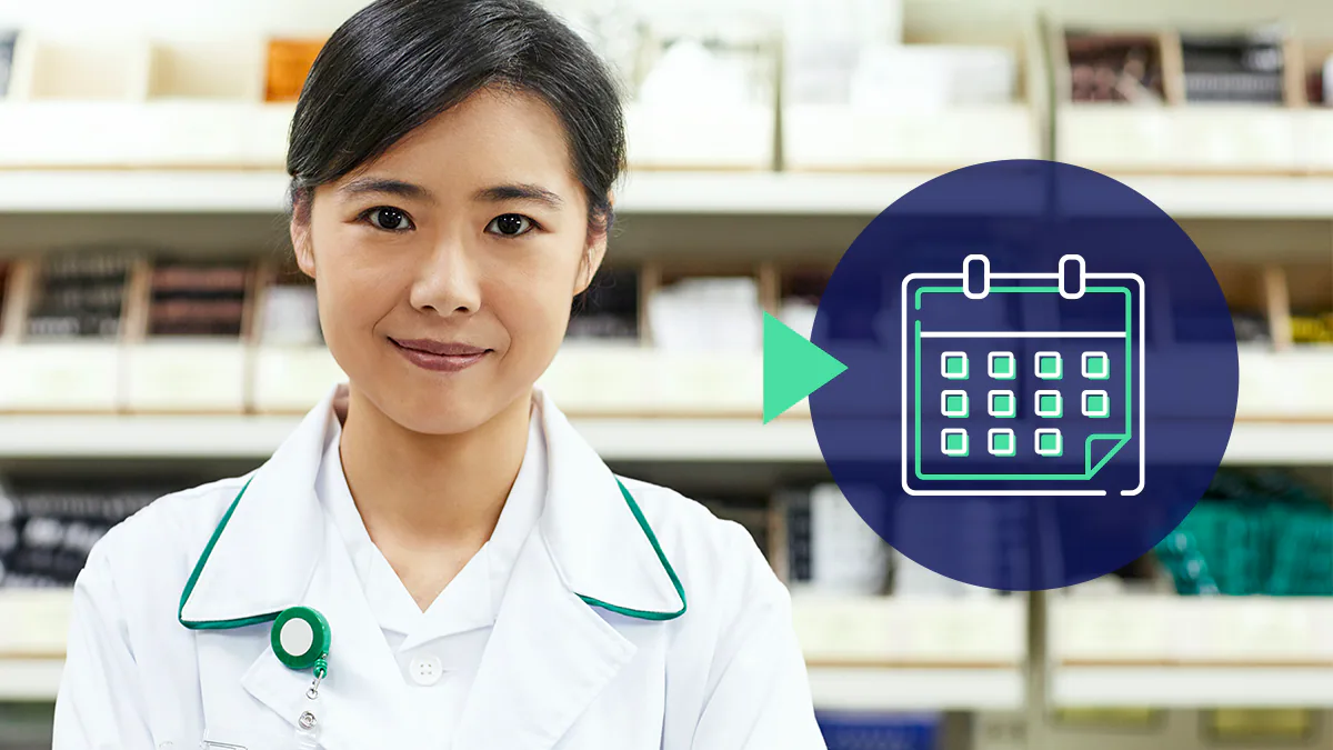 Action 6 Image 1 Portrait of a pharmacist with an icon of a monthly calendar view.