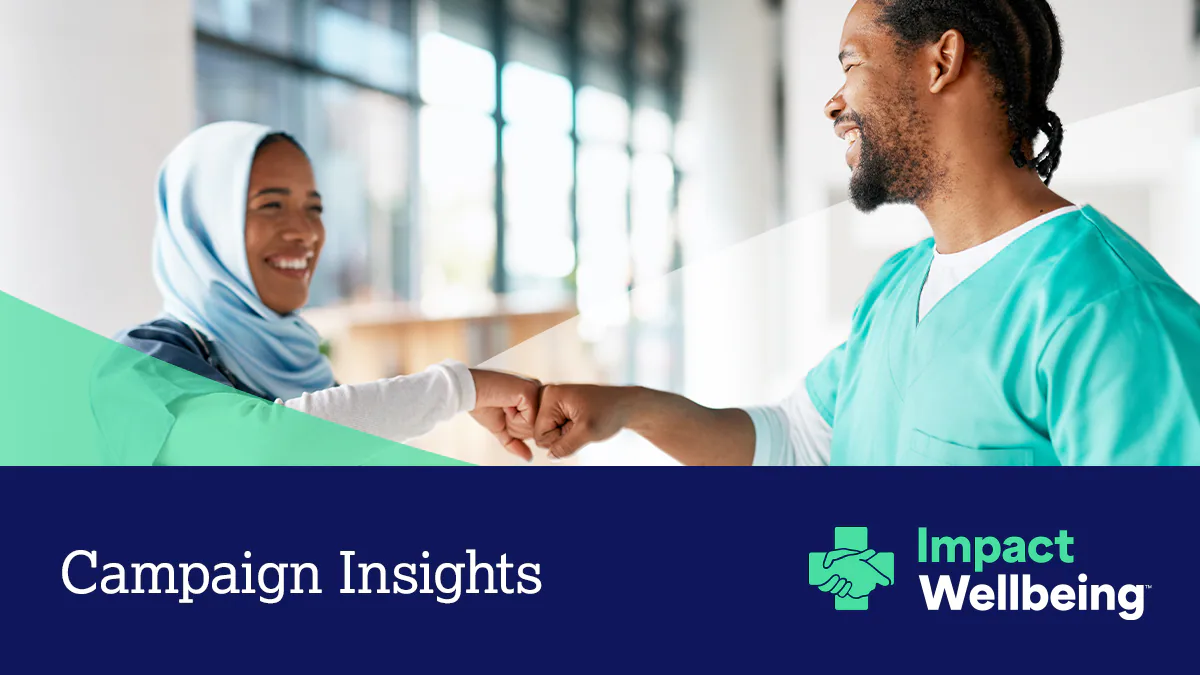 Campaign Insights Hero Two healthcare workers of color fist bump with the text "campaign insights."