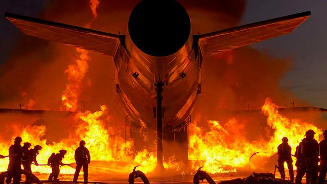 Seattle fire dept. copy Firefighters fighting a fire near a burning airplane.