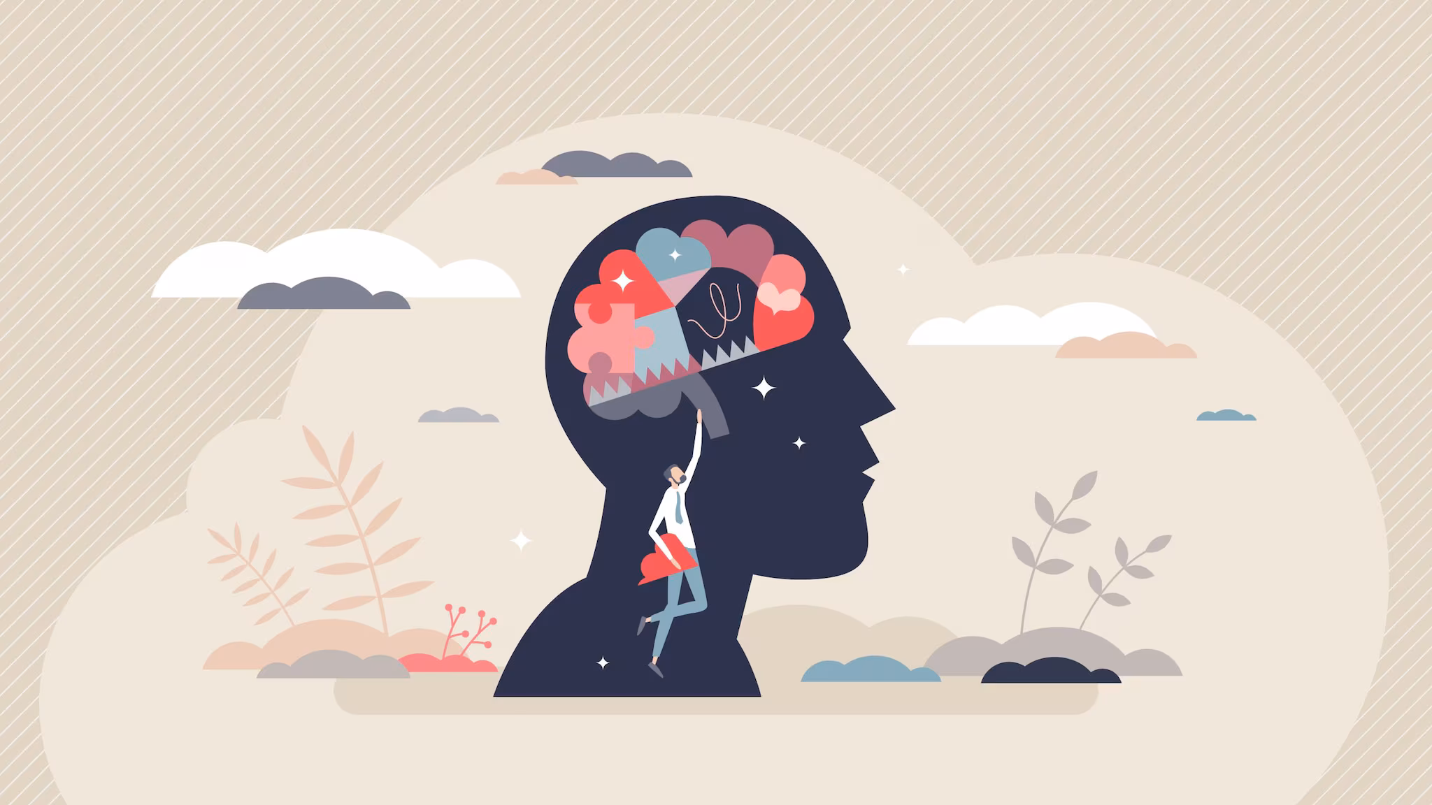 Illustration of a human head in profile with an open segment displaying a puzzle piece, gears, and a tree