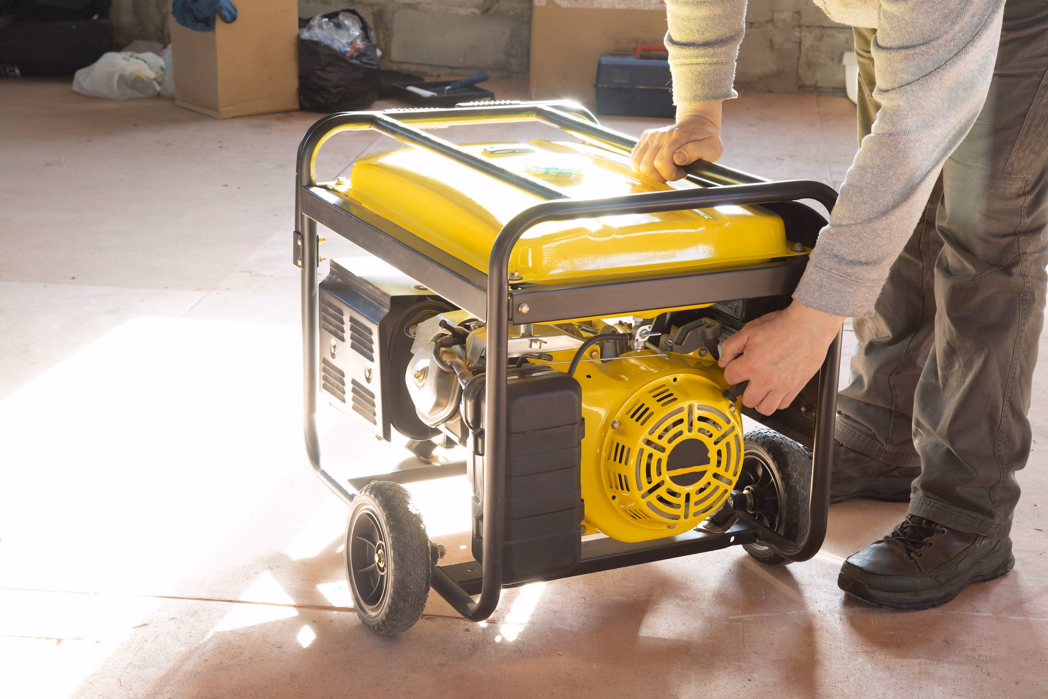 Portable generator A yellow portable generator with a person leaning over it.