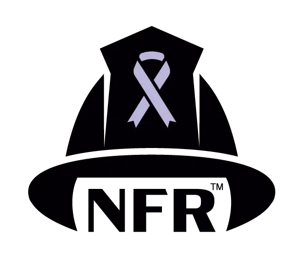 NFR-Helmet Black firefighter helmet with purple cancer ribbon on front; "NFR" under the helmet