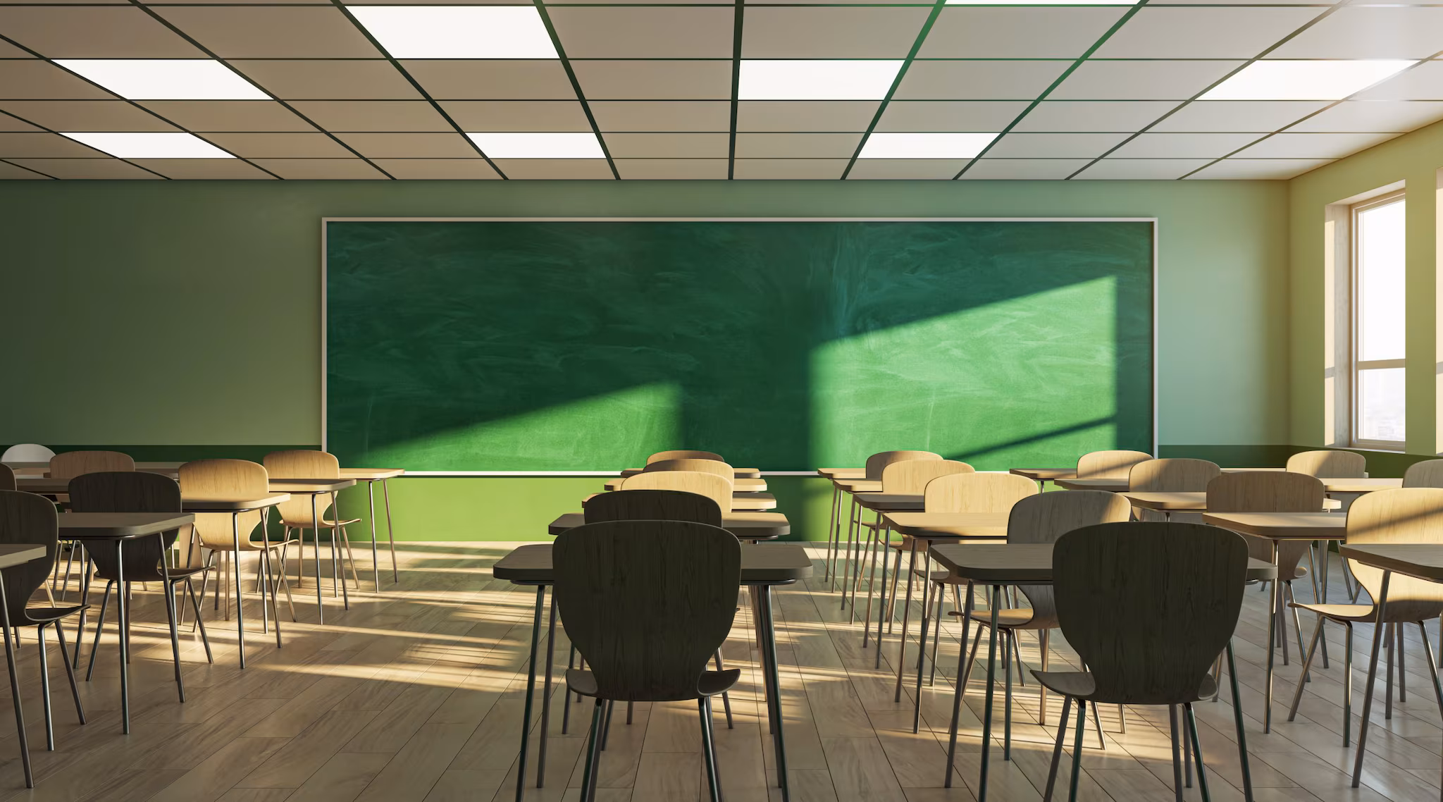 Classroom Desks in an empty classroom in front of a chalkboard.