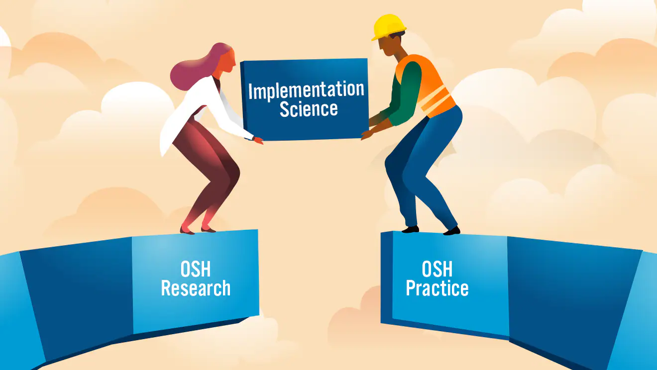 Implementation Science Bridge A researcher in a lab coat and a worker in a hard hat and safety vest setting a block in a bridge to fill a gap.