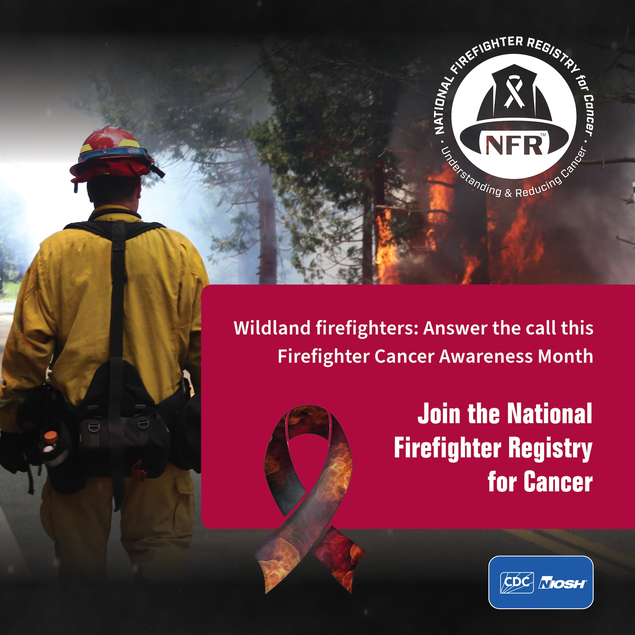 NFR FFCAM Social Media Image - Wildland Firefighters - FB/Instagram Wildland firefighter in front of burning forest. Message to join the NFR for FFCAM