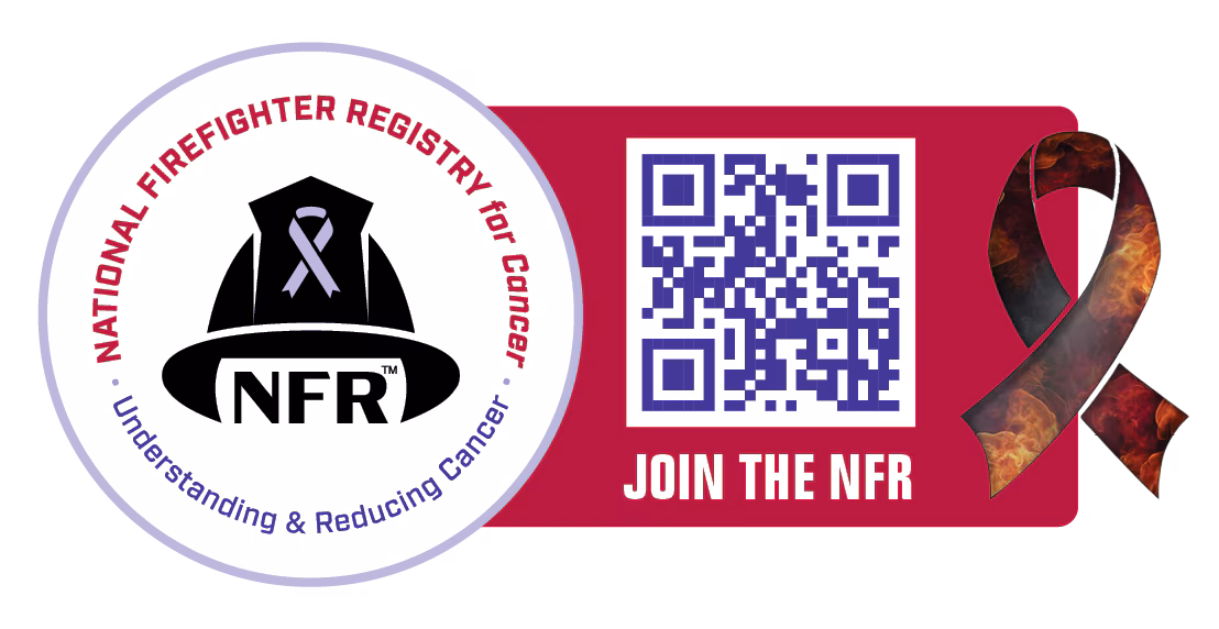 FFCAM NFR QR Code NFR logo of Firefighter helmet with purple cancer ribbon; next to a QR code with Join the NFR and FFCAM ribbon