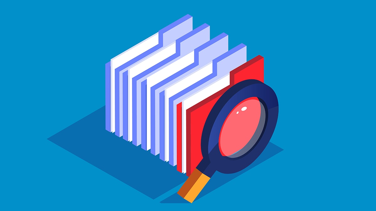 — title missing — Illustration of a stack of files with a magnifying glass.