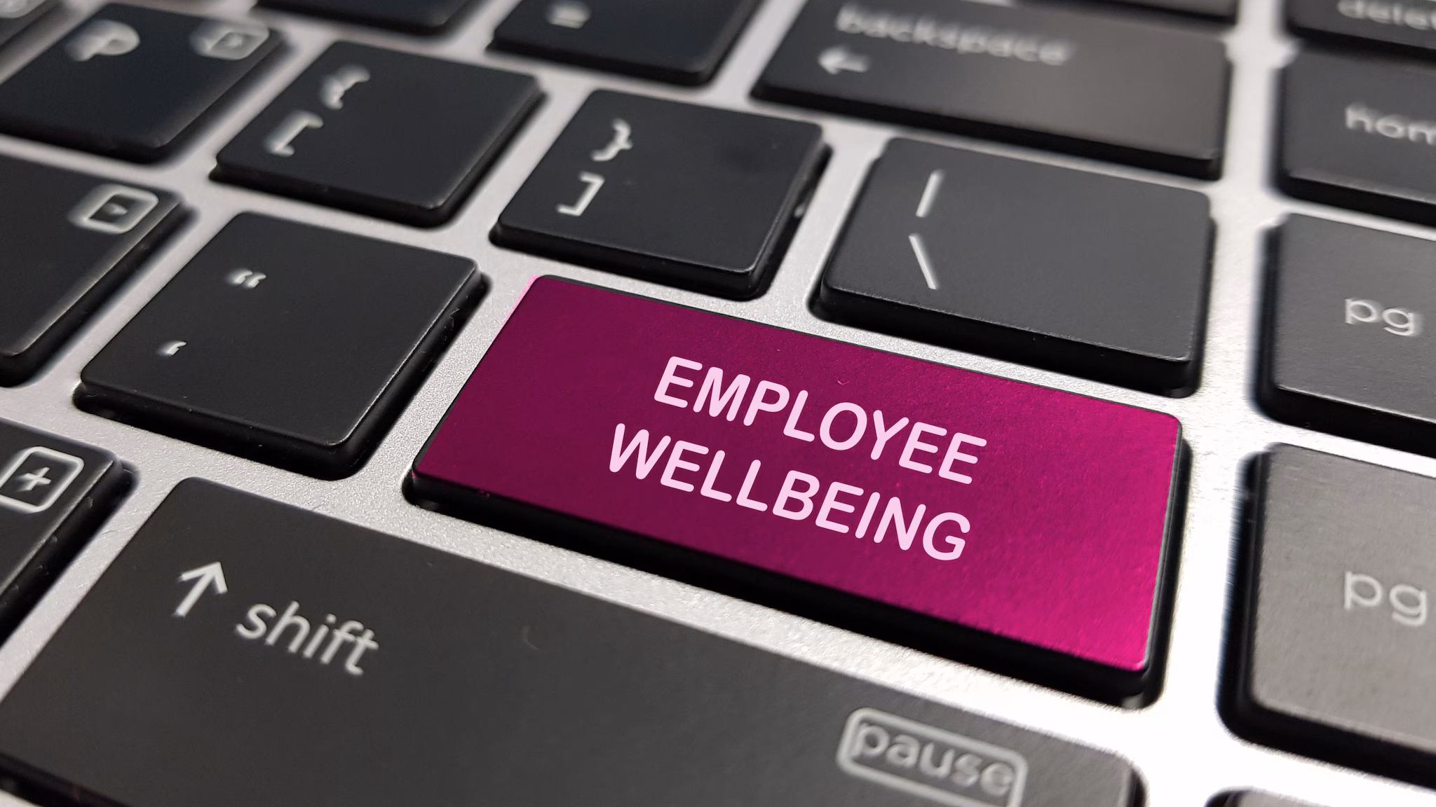 A keyboard key with the words "Employee Wellbeing".
