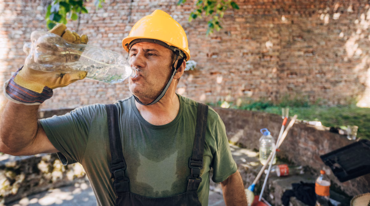 — title missing — Outdoor worker sweating and drinking water