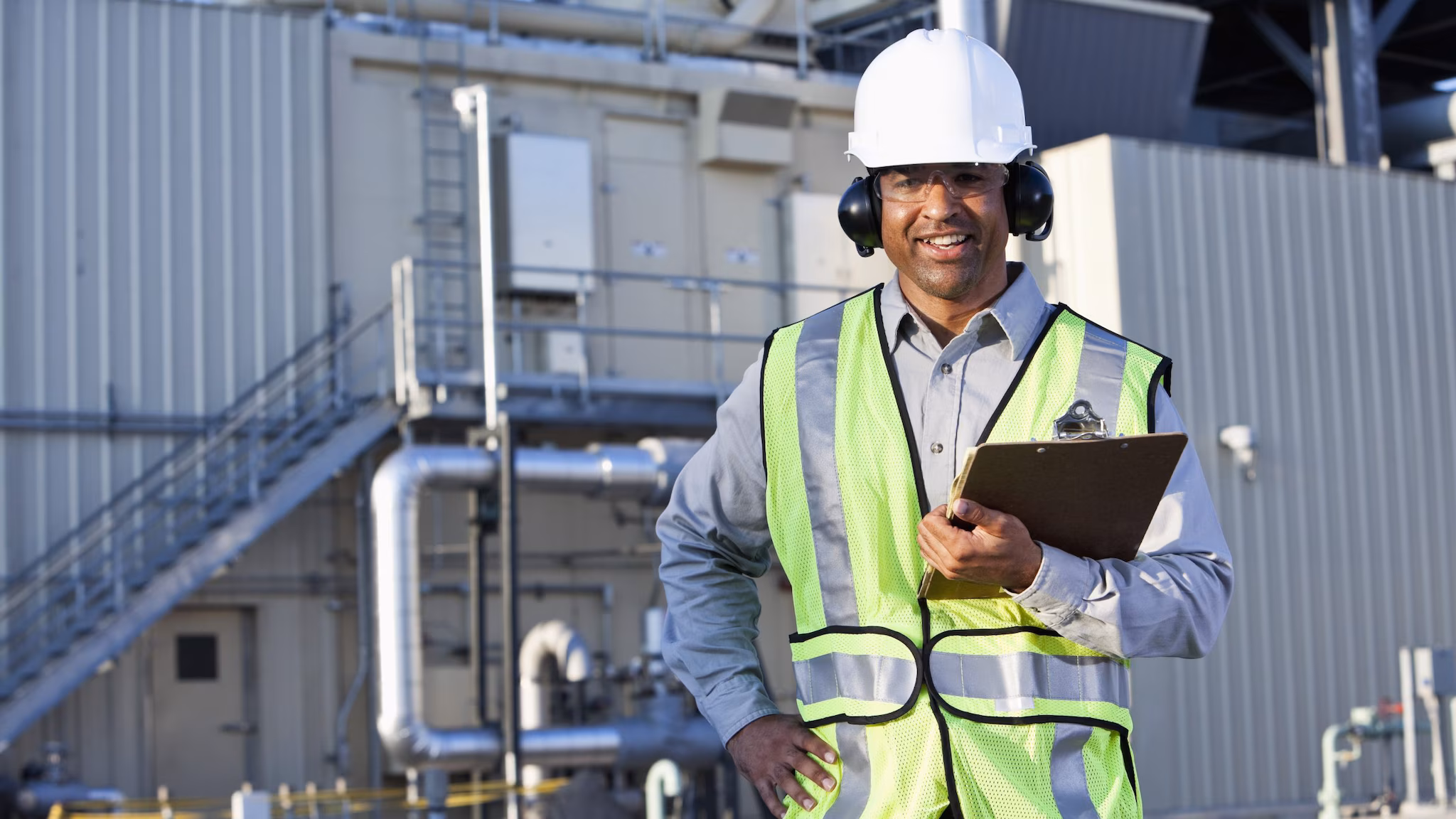 — title missing — Worker wearing protective earmuffs