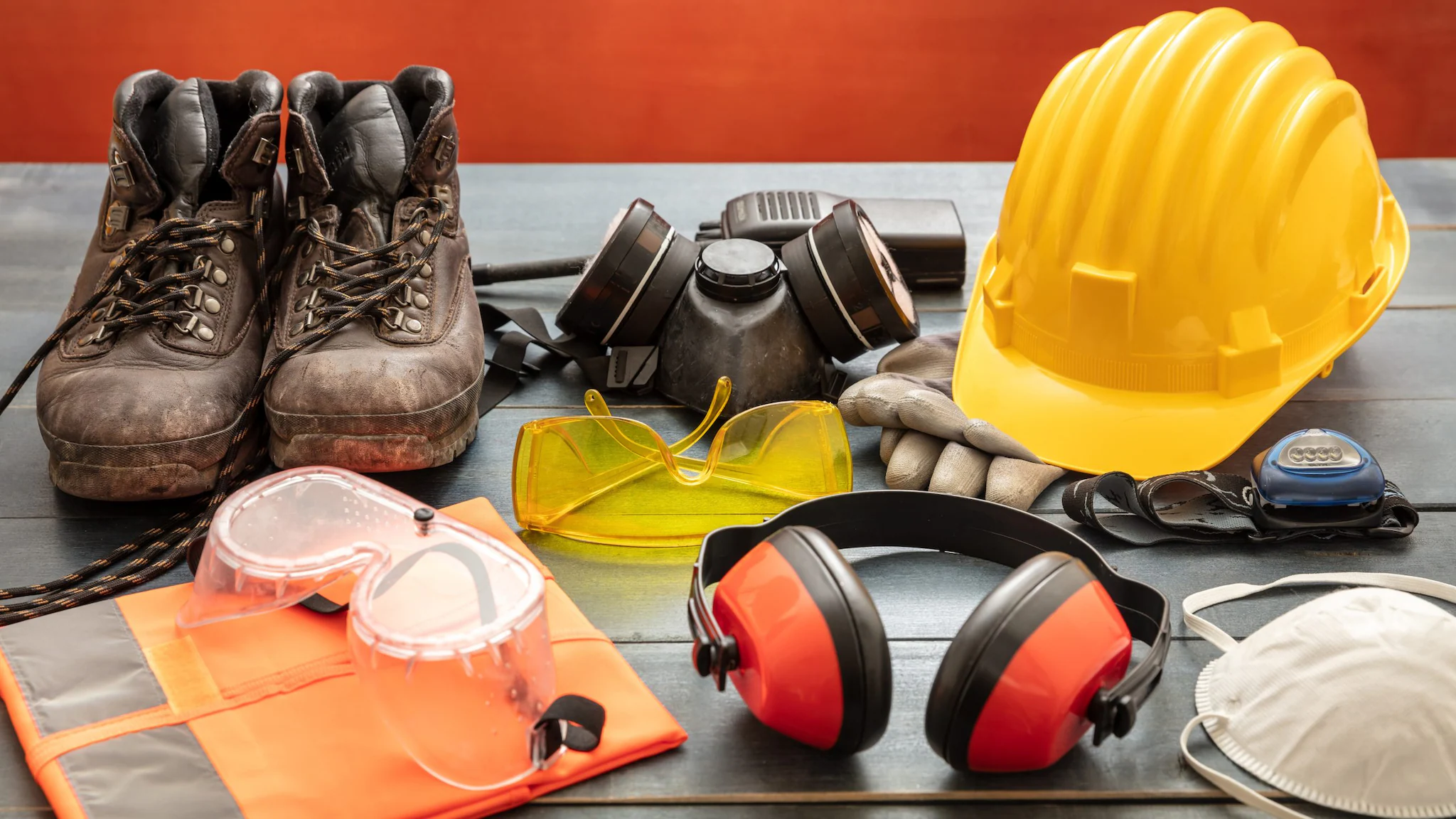 — title missing — Table with personal protective equipment including, hard hat, respirator, goggles, mask, and boots