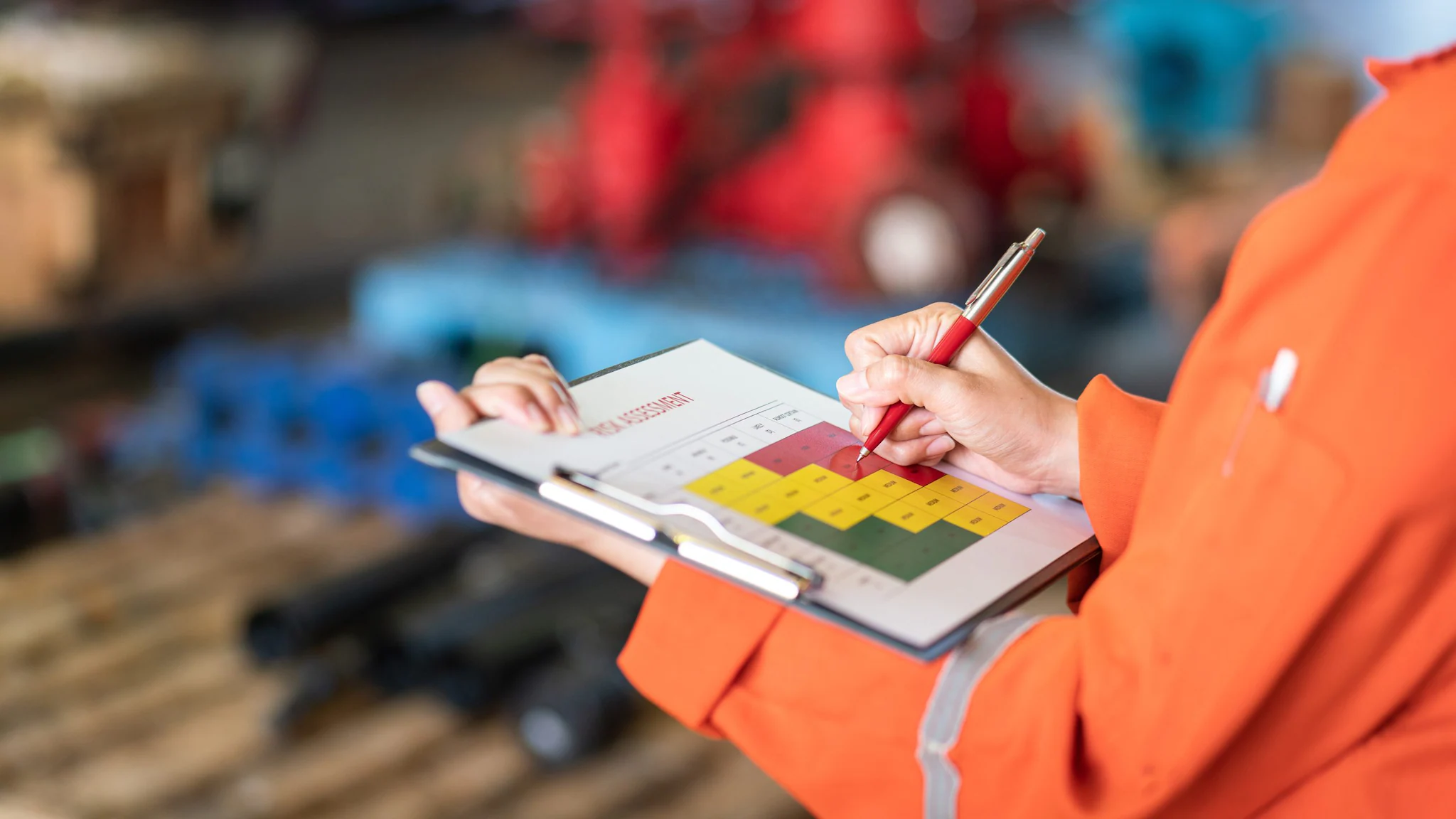 — title missing — Safety manager performing work assessment and writing notes.