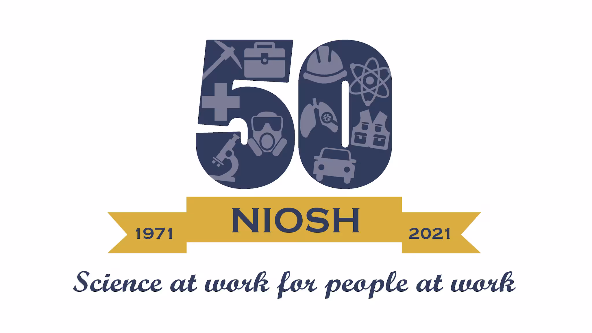 — title missing — Shows a large bold blue number 50 with gold banner underneath that says 1971-2021. The tag line "Science at work for people at work" is below that in blue.