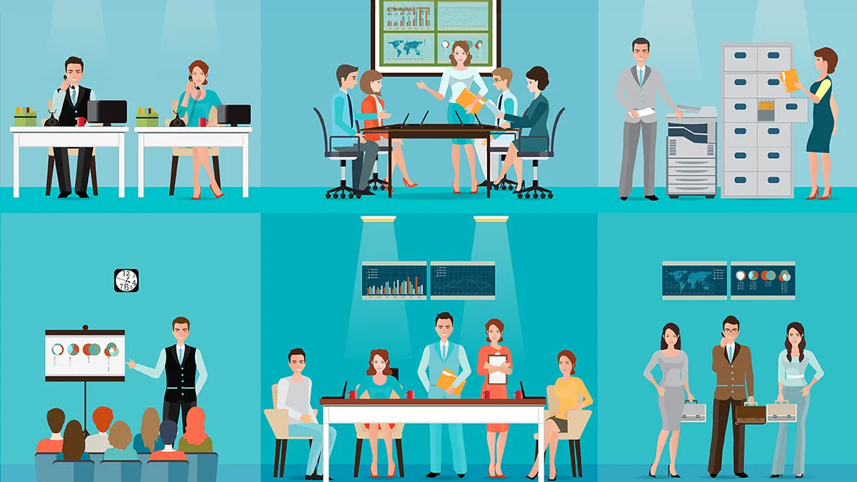 Office Environment 1 A group of people working in an office space. Some people are sitting at a desk, and some are in a meeting. One person is using a copy machine, and the other person is filing papers in a file cabinet.