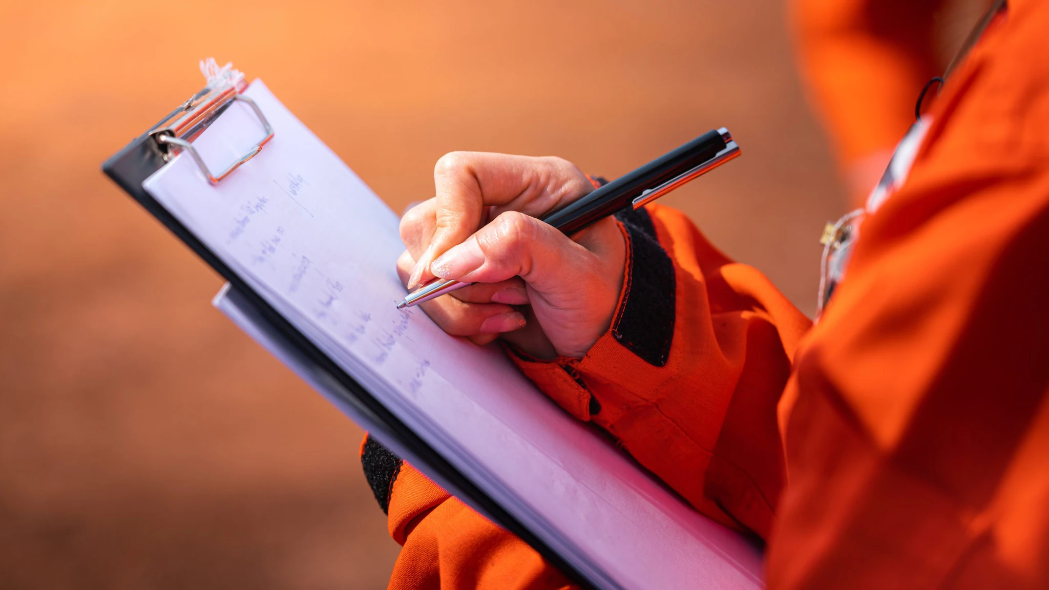 Audit and inspection in oil field operation Person in a safety jacket writing note on checklist paper during an audit.