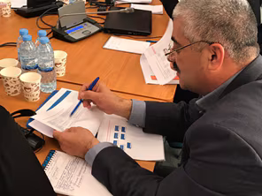 Dilmurod Ruziboev, Head of Regional Bioinspection with the State Committee for Ecology and Nature Protection, reviews stakeholder roles and responsibilities assigned to achieve goals and objectives in Uzbekistan’s One Health strategic plan. Photo credit: Tory Seffren Dilmurod Ruziboev, Head of Regional Bioinspection with the State Committee for Ecology and Nature Protection, reviews stakeholder roles and responsibilities assigned to achieve goals and objectives in Uzbekistan’s One Health strategic plan. Photo credit: Tory Seffren