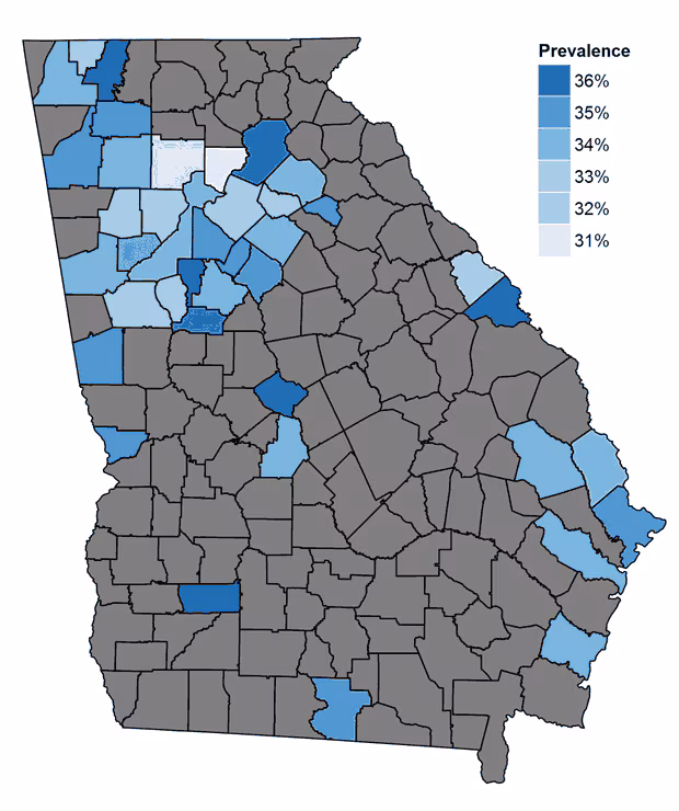 The prevalence of high body mass index (BMI) in the 25% of counties The prevalence of high body mass index (BMI) in the 25% of counties