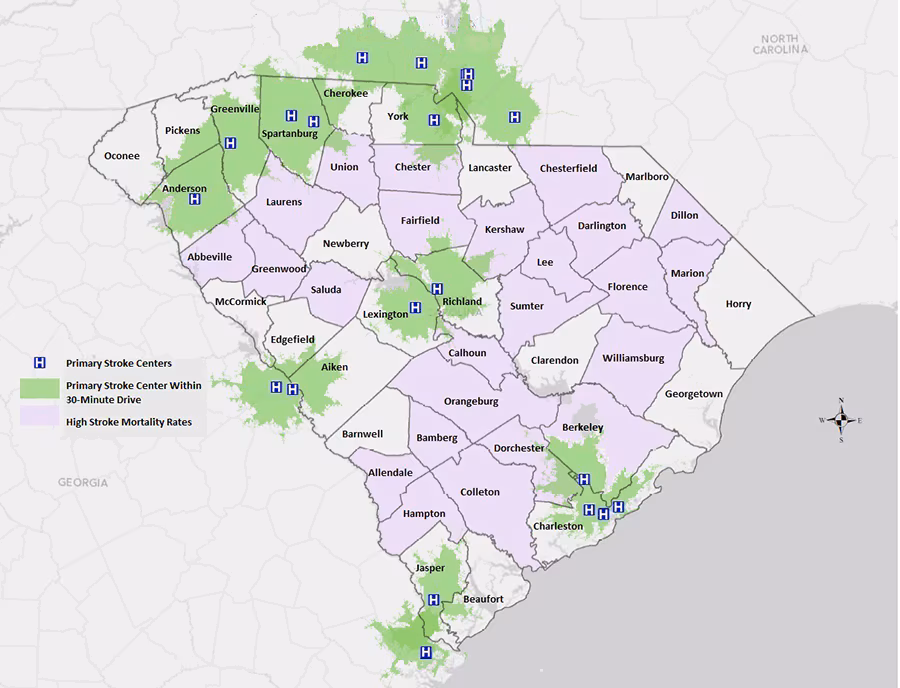 15_0418_01.gif South Carolina primary stroke centers (PSCs) and the population within a 30-minute drive time (54% of the South Carolina population lives within a 30-minute drive of a PSC).
