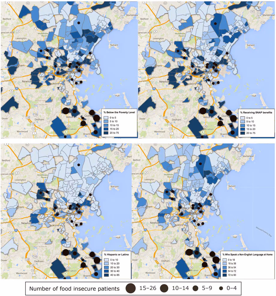 Intensity maps of sociodemographic variables at the census tract level with overlapping data on the number of food insecure women residing in each census tract, Boston metropolitan area, 2013–2015. Abbreviation: SNAP, Supplemental Nutrition Assistance Program.