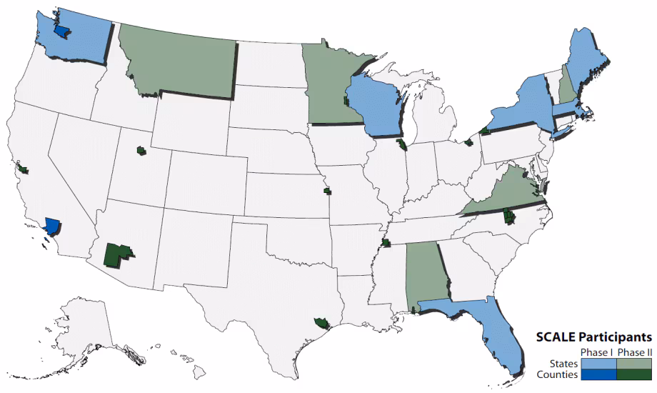 17_0187_02.gif United States map identifying health department jurisdictions of SCALE Phase I and II participants. Abbreviation: SCALE, Sub-County Assessment of Life Expectancy.