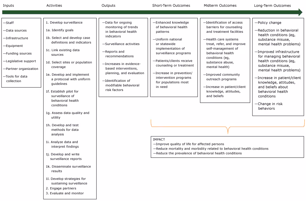 17_0459_01 Logic model for behavioral health surveillance, adapted and used with permission from World Health Organization, Centers for Disease Control and Prevention, and International Clearinghouse for Birth Defects Surveillance and Research. Source: Birth defects surveillance: a manual for program managers. Geneva (CH): World Health Organization; 2014.