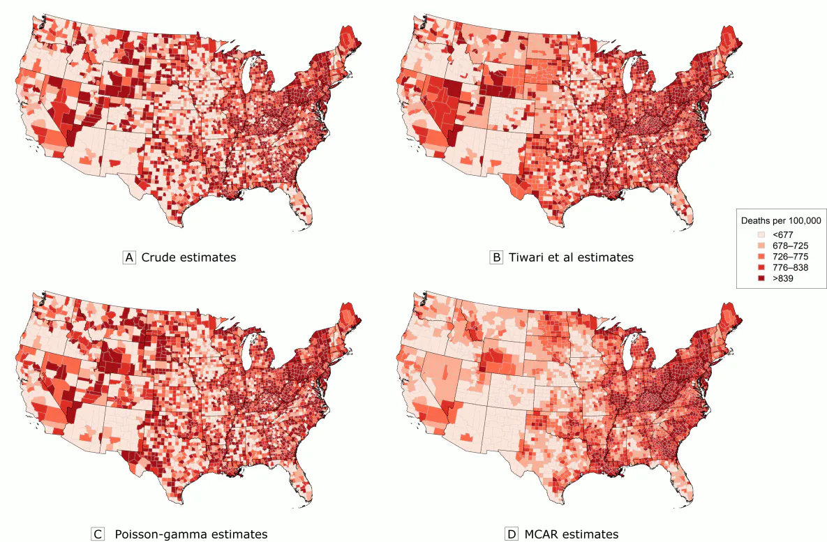18_0441_24 Comparison of 3 approaches for estimating age-standardized heart disease mortality rates for 2 age groups (adults aged 35 to 44 and adults aged ≥85) from 1980. A, Estimates for adults aged 35 to 44 obtained by using the approach of Tiwari et al (8). B, Estimated posterior medians for adults aged 35 to 44 from the Poisson-gamma model. C, Estimated posterior medians for adults aged 35 to 44 from the multivariate conditional autoregressive model (MCAR). D, Estimates for adults aged ≥85 obtained by using the approach of Tiwari et al (8). E, Estimated posterior medians for adults aged ≥85 from the Poisson-gamma model. F, Estimated posterior medians for adults aged ≥85 from the multivariate conditional autoregressive model (MCAR). Data source: Centers for Disease Control and Prevention (18).