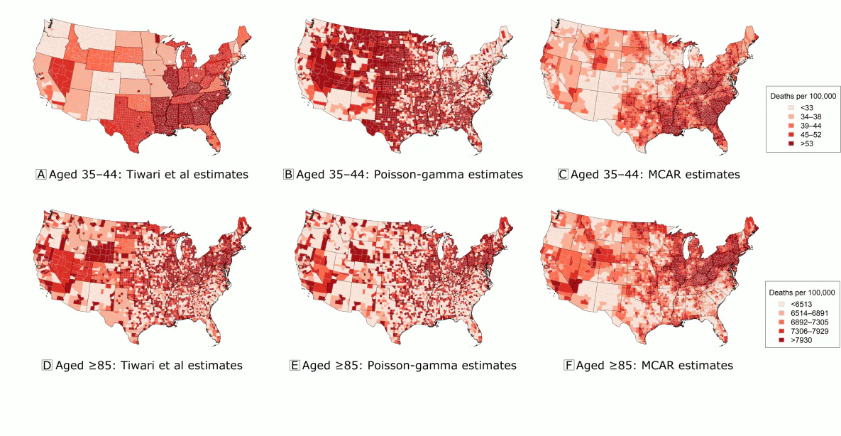 18_0441_25 Estimates of age-standardized heart disease mortality rates from 1980. A, Crude age-standardized rates based solely on the data. B, Estimates obtained by using the approach of Tiwari et al (8). C, Estimated posterior medians from the Poisson-gamma model. D, Estimated posterior medians from the multivariate conditional autoregressive model (MCAR). Data source: Centers for Disease Control and Prevention (18).