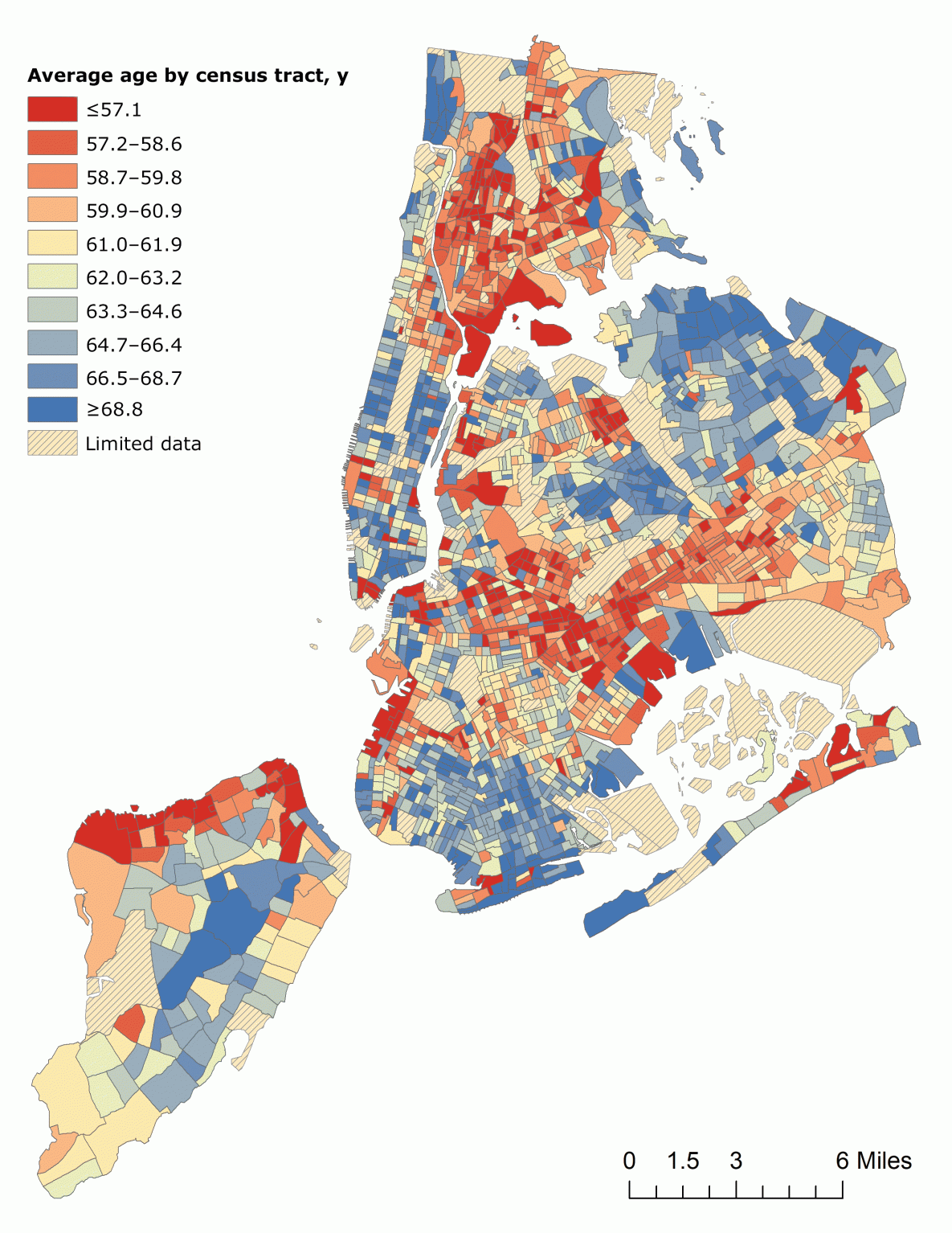 18_0681_03 Average age of patients with type 2 diabetes, by census tract, among 576,306 unique patients aged 10 to 100 years who had visited an emergency department at least once from 2011 through 2015 in New York City. Data source: New York State Department of Health Statewide Planning and Research Cooperative System (18).