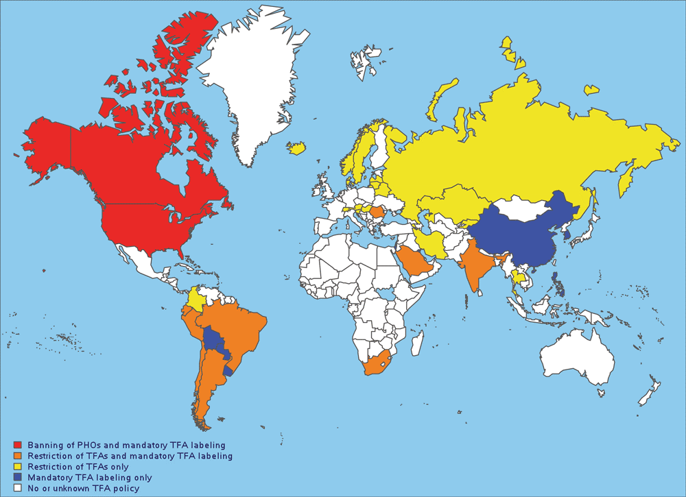 19_0121_02 Countries with policies or regulations on industrially produced (artificial) TFAs. Data source: World Health Organization (14). Abbreviation: PHO, partially hydrogenated oil; TFA, trans -fatty acid.