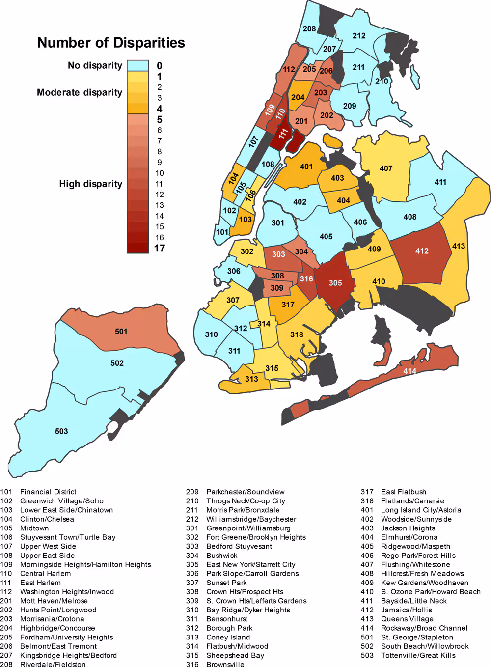 19_0325_01 Map of New York City community districts by number of disparities relative to their borough. The map shows the 59 community districts and the disparity group of each district. Within the moderate and high disparity groups, darker colors indicate community districts with a greater number of health disparities.