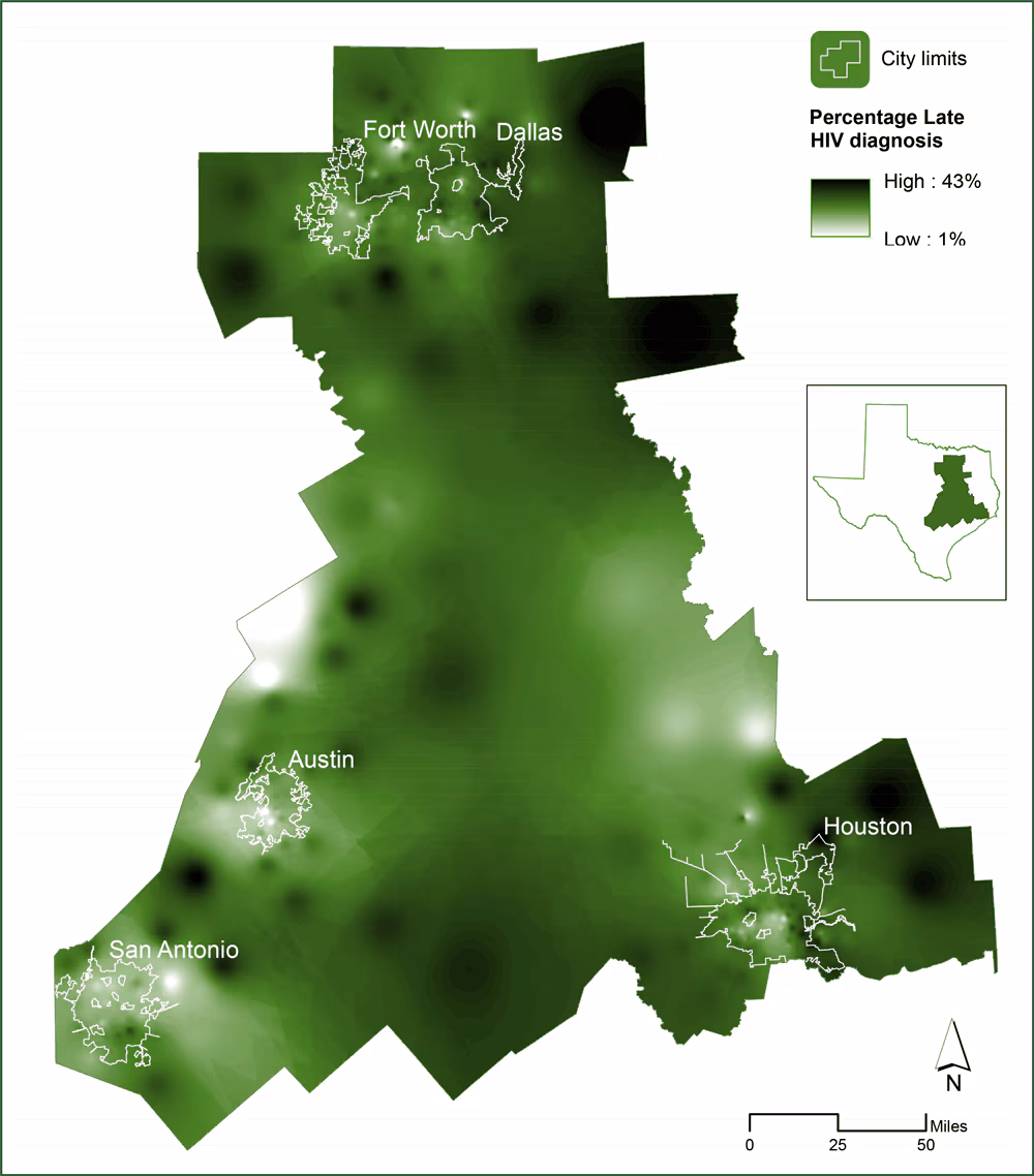 19_0346_01 Spatially smoothed regional percentage of late HIV diagnoses in the study area in Texas (5 largest cities, by population and by HIV morbidity: Houston, Dallas, San Antonio, Austin, and Fort Worth).