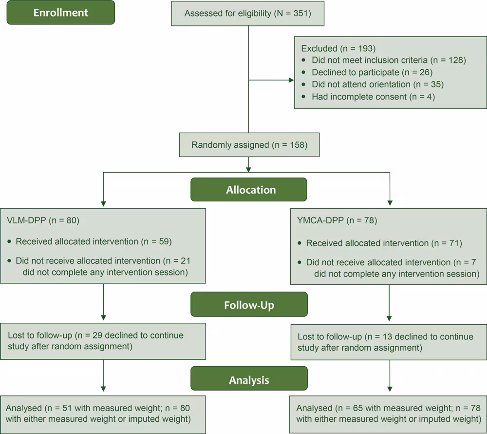 19_0396_01 Random assignment into 1 of 2 diabetes lifestyle management programs in the workplace, the City and County of San Francisco Diabetes Prevention Trial, 2015–2016. Abbreviations: DPP, diabetes prevention program; VLM, virtual lifestyle management.