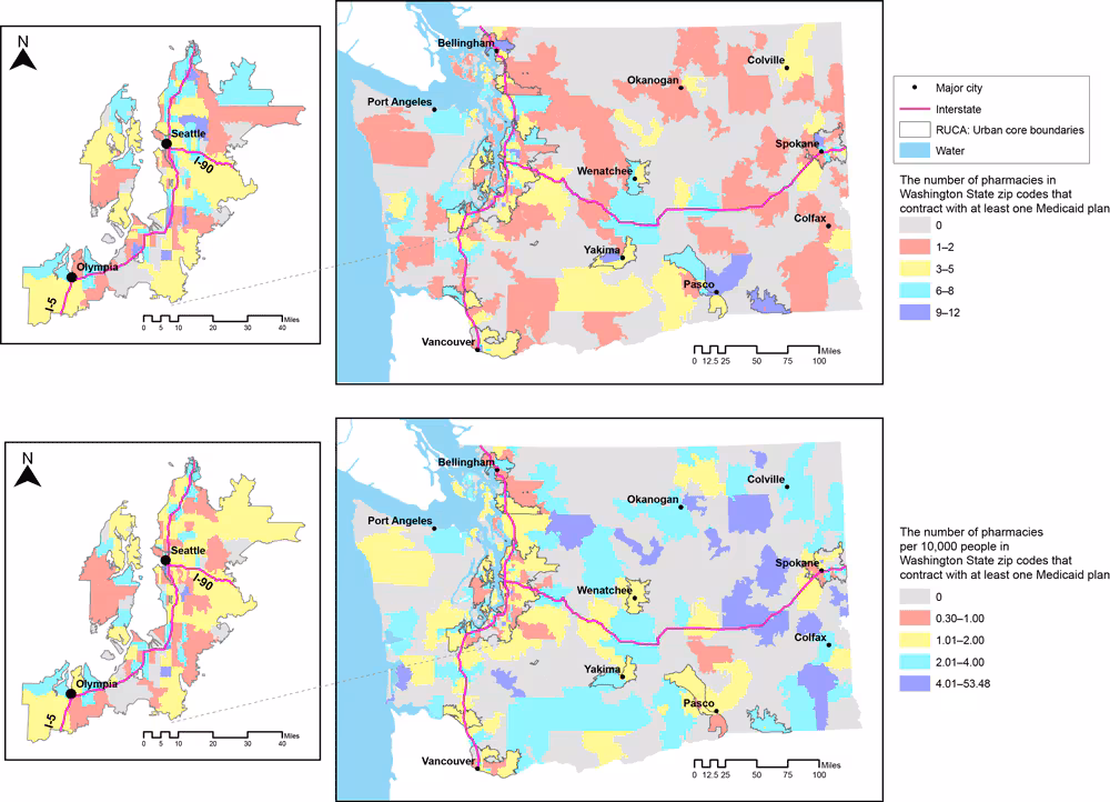 20_0066_02 Geographic patterns of Medicaid-contracted pharmacies in Washington State, 2017, showing the number of pharmacies (top) and the number of pharmacies per 10,000 residents (bottom) in Washington State zip codes that contract with at least 1 Medicaid insurance plan. Inserts show the greater Seattle/Olympia area.